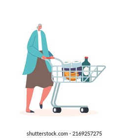 Happy Senior Woman Walk with Products in Shopping Cart, Cheerful Elderly Female Character Purchase in Supermarket or Grocery. Age Buyer Shopping Routine, Sale. Cartoon People Vector Illustration