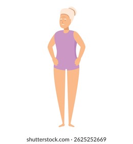 Happy senior woman wearing a swimsuit is standing with hands on hips, ready to enjoy her time at the pool or beach