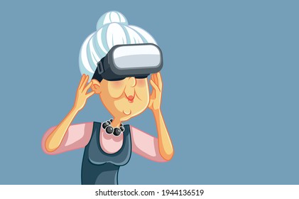 Happy Senior Woman Wearing VR Glasses Having Fun. Elderly person enjoying augmented reality technology
