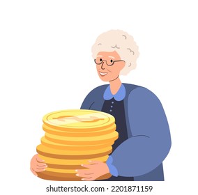 Happy Senior Woman,Female Character Hold Huge Pile Of Golden Coins.Concept Of Financial Wealth,Money Accumulation,Pension Savings,Wealthy Retirement,Joyful Grandparents.People Flat Vector Illustration