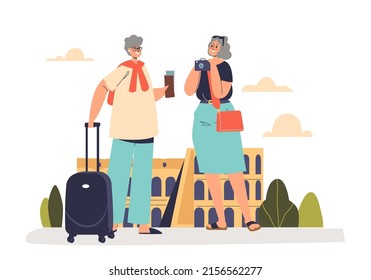 Happy senior women friends travel together. Joyful older female with tickets and suitcase happy go on trip vacation in Rome. Aged people on tour. Cartoon flat vector illustration