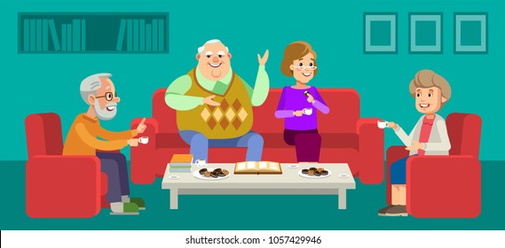 Happy Seniors Couple Enjoying Conversation With Female Guests Over Cup Of Coffee At Home. Vector Illustration In Flat Style.