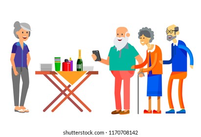 Happy seniors couple enjoying conversation with guests