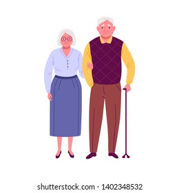 Happy seniors couple. Vector illustration of elderly man with walking stick and woman, holding him under the arm. Isolated on white.