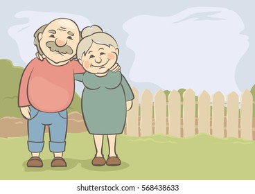 Happy seniors couple / Vector illustration of grandparents on the background of the rural landscape