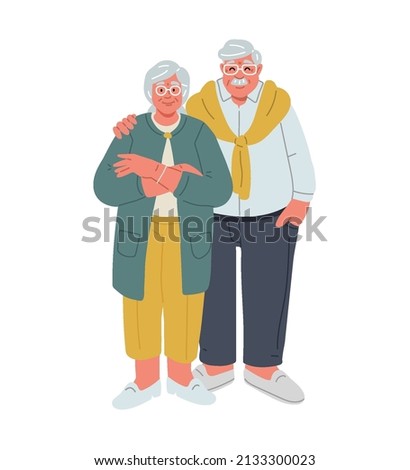 Happy seniors couple.Relationships in old age.Old parents isolated on white background.Two elderly people standing,hugging and smiling.Vector flat illustration in cartoon style.