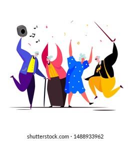 Happy seniors dansing with their friends and having fun in a cheerful mood. Elder dancers. Vector flat portrait of old cute loving couples. Cartoon style Character illustration. Healthy lifestyle