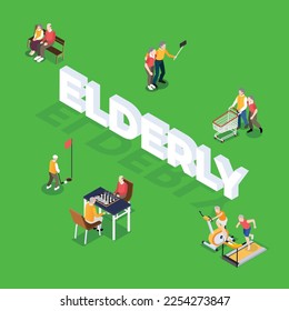 Happy seniors doing various activities 3d isometric vector illustration concept for banner, website, landing page, ads, flyer template