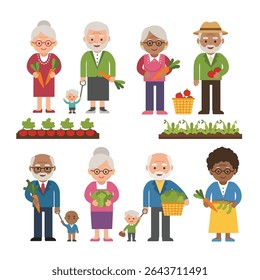 Happy Seniors with Grandchildren Harvesting Vegetables