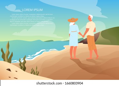 Happy seniors spending time on a tropical beach together. Retired couple on their summer vacation. Landing page or web banner concept. Vector illustration in cartoon style