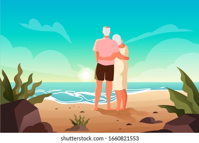 Happy Seniors Spending Time On A Tropical Beach Together. Retired Couple On Their Summer Vacation. Landing Page Or Web Banner Concept. Vector Illustration In Cartoon Style