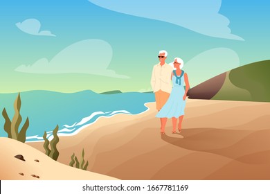 Happy seniors spending time on a tropical beach together. Retired couple on their summer vacation. Landing page or web banner concept. Vector illustration in cartoon style