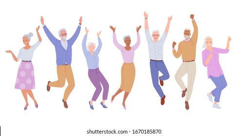 Happy seniors. Vector illustration of a group of elderly men and women in light casual clothes, jumping for joy with arms raised up. Isolated on white