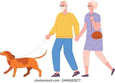 Happy seniors walking with dog on leash. Old people outdoor isolated on white background