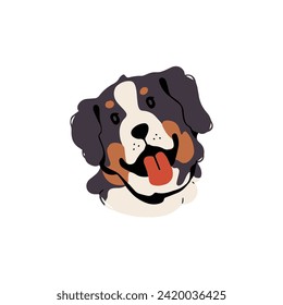 Feliz avatar de Sennenhund. Muzzle de perrito de montaña de Bernese. Retrato lindo con la cabeza de cachorro. La divertida garganta muestra la lengua. Un animal doméstico divertido, mascota esponjosa. Ilustración vectorial aislada plana en blanco