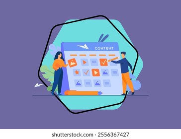 Happy SEO planning campaign for social media isolated flat vector illustration. Cartoon tiny characters standing near calendar with plan for website content. development and communication concept