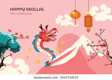 Happy Seollal background. Translation - Korean new year Celebration. Cartoon Vector illustration design for Poster, Banner, Greeting, Card, Flyer, Post, Cover. February 10. Korea Lunar New Year.