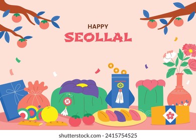 Happy Seollal background. Translation - Korean new year Celebration. Cartoon Vector illustration design for Poster, Banner, Greeting, Card, Flyer, Post, Cover. February 10. Korea Lunar New Year.