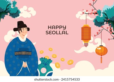 Happy Seollal background. Translation - Korean new year Celebration. Cartoon Vector illustration design for Poster, Banner, Greeting, Card, Flyer, Post, Cover. February 10. Korea Lunar New Year.