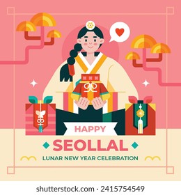 Happy Seollal background. Translation - Korean new year Celebration. Cartoon Vector illustration design for Poster, Banner, Greeting, Card, Flyer, Post, Cover. February 10. Korea Lunar New Year.