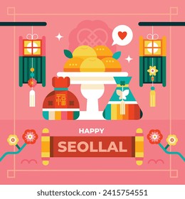 Happy Seollal background. Translation - Korean new year Celebration. Cartoon Vector illustration design for Poster, Banner, Greeting, Card, Flyer, Post, Cover. February 10. Korea Lunar New Year.