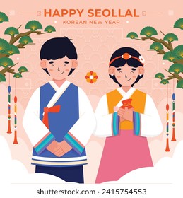 Happy Seollal background. Translation - Korean new year Celebration. Cartoon Vector illustration design for Poster, Banner, Greeting, Card, Flyer, Post, Cover. February 10. Korea Lunar New Year.