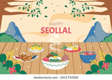 Happy Seollal background. Translation - Korean new year Celebration. Cartoon Vector illustration design for Poster, Banner, Greeting, Card, Flyer, Post, Cover. February 10. Korea Lunar New Year.