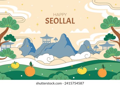 Happy Seollal background. Translation - Korean new year Celebration. Cartoon Vector illustration design for Poster, Banner, Greeting, Card, Flyer, Post, Cover. February 10. Korea Lunar New Year.