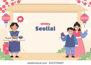 Happy Seollal background. Translation - Korean new year Celebration. Cartoon Vector illustration design for Poster, Banner, Greeting, Card, Flyer, Post, Cover. February 10. Korea Lunar New Year.