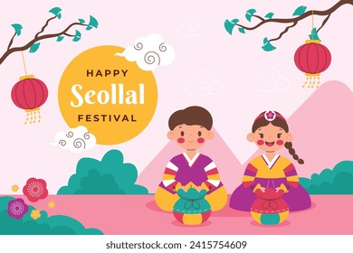 Happy Seollal background. Translation - Korean new year Celebration. Cartoon Vector illustration design for Poster, Banner, Greeting, Card, Flyer, Post, Cover. February 10. Korea Lunar New Year.