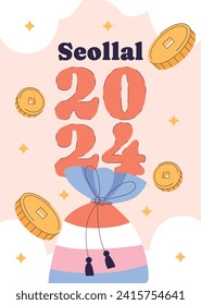 Happy Seollal background. Translation - Korean new year Celebration. Cartoon Vector illustration design for Poster, Banner, Greeting, Card, Flyer, Post, Cover. February 10. Korea Lunar New Year.