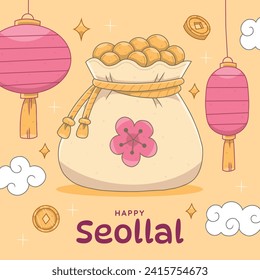 Happy Seollal background. Translation - Korean new year Celebration. Cartoon Vector illustration design for Poster, Banner, Greeting, Card, Flyer, Post, Cover. February 10. Korea Lunar New Year.