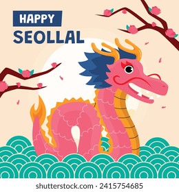 Happy Seollal background. Translation - Korean new year Celebration. Cartoon Vector illustration design for Poster, Banner, Greeting, Card, Flyer, Post, Cover. February 10. Korea Lunar New Year.