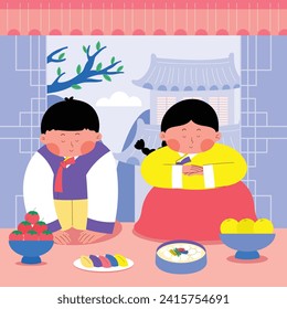 Happy Seollal background. Translation - Korean new year Celebration. Cartoon Vector illustration design for Poster, Banner, Greeting, Card, Flyer, Post, Cover. February 10. Korea Lunar New Year.