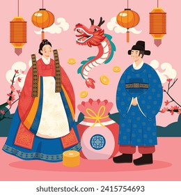 Happy Seollal background. Translation - Korean new year Celebration. Cartoon Vector illustration design for Poster, Banner, Greeting, Card, Flyer, Post, Cover. February 10. Korea Lunar New Year.