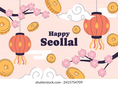 Happy Seollal background. Translation - Korean new year Celebration. Cartoon Vector illustration design for Poster, Banner, Greeting, Card, Flyer, Post, Cover. February 10. Korea Lunar New Year.