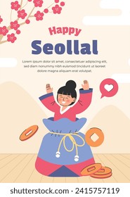 Happy Seollal background. Translation - Korean new year Celebration. Cartoon Vector illustration design for Poster, Banner, Greeting, Card, Flyer, Post, Cover. February 10. Korea Lunar New Year.