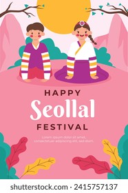 Happy Seollal background. Translation - Korean new year Celebration. Cartoon Vector illustration design for Poster, Banner, Greeting, Card, Flyer, Post, Cover. February 10. Korea Lunar New Year.