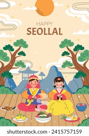 Happy Seollal background. Translation - Korean new year Celebration. Cartoon Vector illustration design for Poster, Banner, Greeting, Card, Flyer, Post, Cover. February 10. Korea Lunar New Year.
