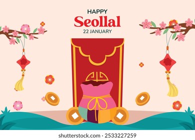 Happy seollal design illustration with tree