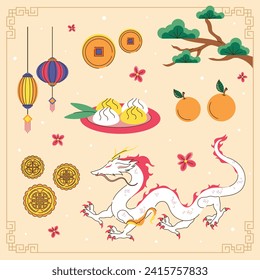 Feliz Seolal. Elementos coreanos del año nuevo. Elementos de ilustración del vector de dibujos animados para afiches, pancartas, saludo, tarjeta, volante, mensaje, portada. 10 de febrero. Año Nuevo Lunar de Corea.
