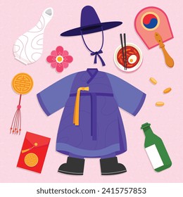 Happy Seollal elements. Korean new year elements. Cartoon Vector illustration elements for Poster, Banner, Greeting, Card, Flyer, Post, Cover. February 10. Korea Lunar New Year.