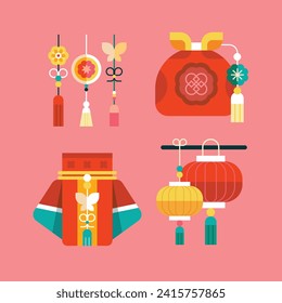 Happy Seollal elements. Korean new year elements. Cartoon Vector illustration elements for Poster, Banner, Greeting, Card, Flyer, Post, Cover. February 10. Korea Lunar New Year.