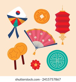 Happy Seollal elements. Korean new year elements. Cartoon Vector illustration elements for Poster, Banner, Greeting, Card, Flyer, Post, Cover. February 10. Korea Lunar New Year.