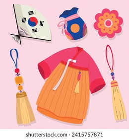 Happy Seollal elements. Korean new year elements. Cartoon Vector illustration elements for Poster, Banner, Greeting, Card, Flyer, Post, Cover. February 10. Korea Lunar New Year.