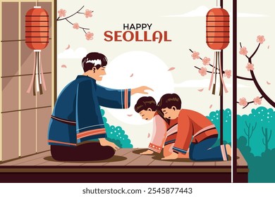 Happy Seollal Illustration with Family Gathering background