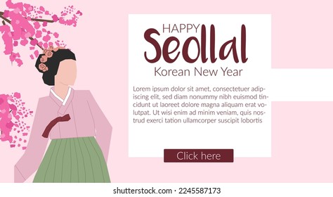 Happy Seollal Korean New Year página web de diseño de pancartas con Woman in Hanbok - ropa tradicional coreana y una rama con una flor rosa. Ilustración de material vectorial en fondo rosa