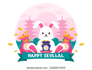 Happy Seollal Translation Korean New Year Vector Illustration Featuring the Year of the Wood Rabbit and Gold Coins for the 29 January Celebration