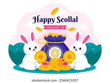 Happy Seollal Translation Korean New Year Vector Illustration Featuring the Year of the Wood Rabbit and Gold Coins for the 29 January Celebration