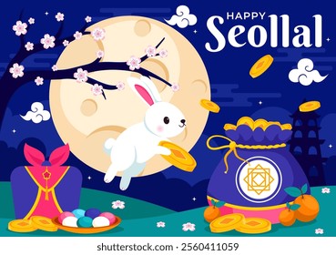 Happy Seollal Translation Korean New Year Vector Illustration Featuring the Year of the Wood Rabbit and Gold Coins for the 29 January Celebration